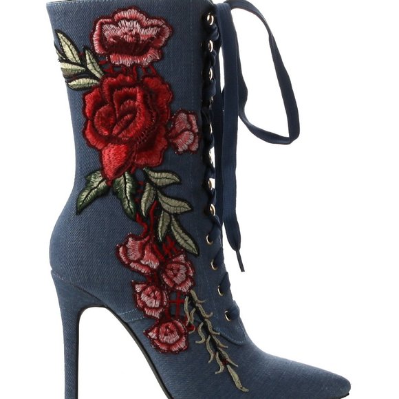 NIB Cape Robbin Embroidered Rose Denim Boots Sizes 6, 6.5, & 7.5 USA - Picture 5 of 12